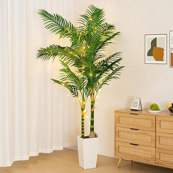 7ft Artificial Golden Cane Palm Tree with LED Fairy Lights & White Tall Planter-Lifelike Faux Tropical Palm with Realistic Trunk and Palm Leaves for Indoor Home Office Living Room Corner Decor