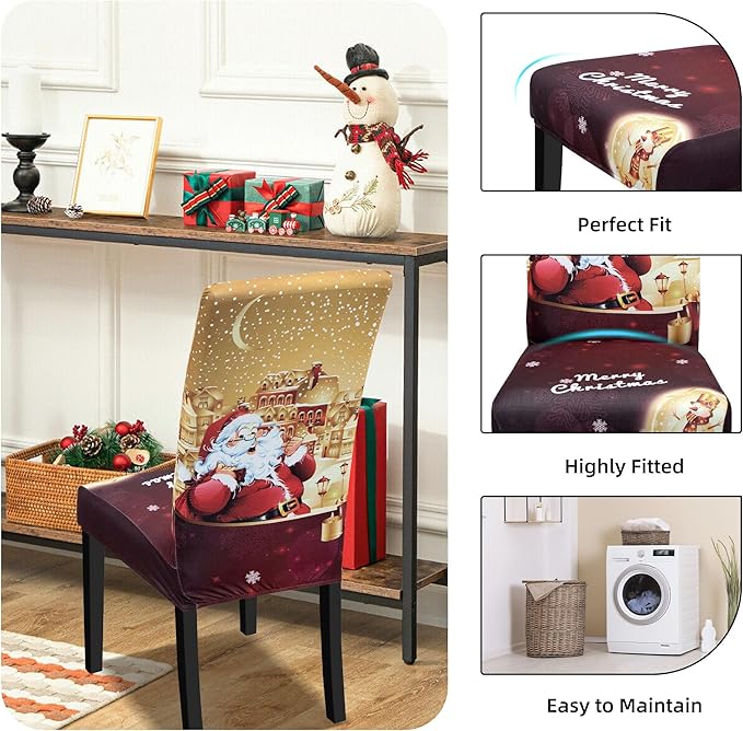 Christmas Chair Covers, Stretch Dining Covers, Dining Room Chair Covers Set of 4, Removable Washable Dining Chair Slipcovers for Home Hotel Banquet Holiday Decoration