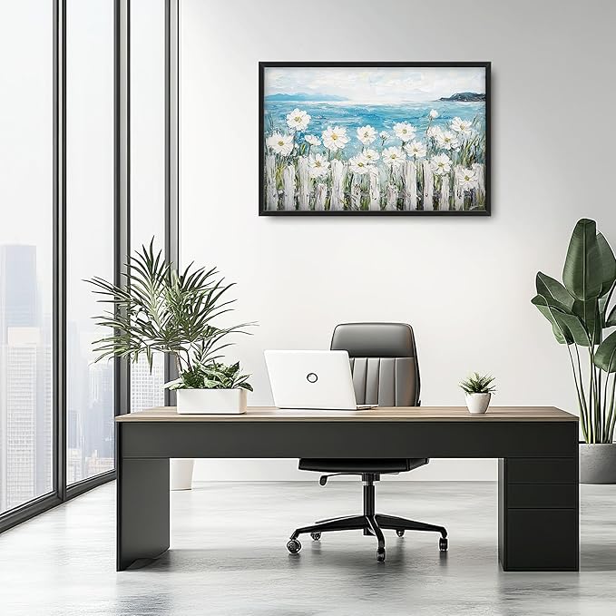 Large Coastal Ocean Wall Art for Living Room, Coastline Beach Flower Oversized Wall Decor Pictures, Nature Seascape Framed Canvas Print Painting, Modern Artwork for Bedroom Office Home Decor 36"x24"