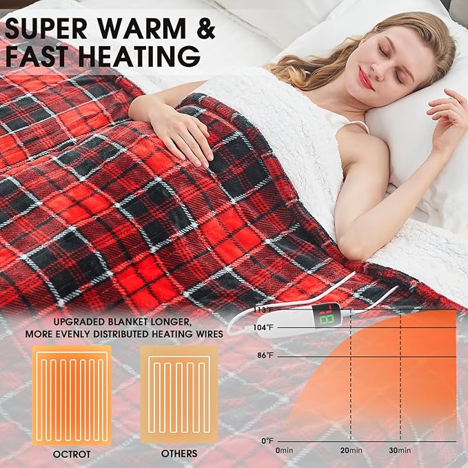 Heated Blanket Electric, Queen Size 84X90, Heating Blanket with 10 Heating Levels/8 Hours Auto Off/Dual Control for Bed, Red Checkered Sherpa Blankets Warmer for Adults, Christmas Blankets, ETL & FCC