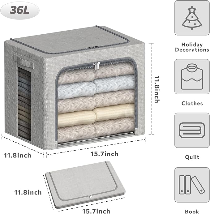 4 Pack Clothes Storage Bins with Metal Frame - 36L Stackable Storage Box with Lid，Foldable Storage Container Organizer for Clothes，Linen Fabric Storage Box with Clear Window＆Zippers＆Handles
