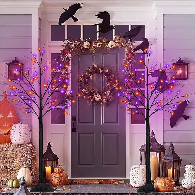 2Pack 5FT 200LED Black Halloween Tree with Lights, Timer Function with Higher Size Black Tree with Purple and Orange Lights, Spooky Light up Trees for Indoor Outdoor Party Garden Halloween Decorations