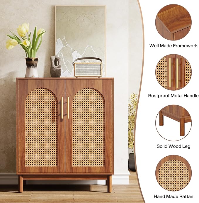 Tribesigns Set of 2 Rattan Sideboard Buffet with Storage, 59 Inch Accent Cabinet with Doors, Storage Cabinet for Dining Room, Living Room, Kitchen, Caramel Brown