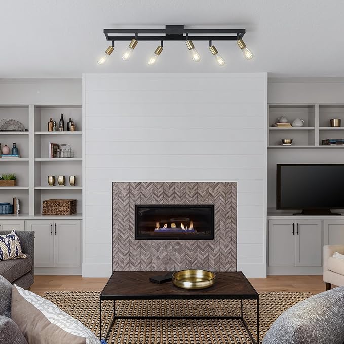 GLOBE Electric 64000096 36" 6-Light Track Lighting, Matte Black, Brass Sockets, Adjustable Pivoting Heads, Ceiling Light Fixture for Kitchen Island, Hallway, or Dining Room, Modern Farmhouse Lights