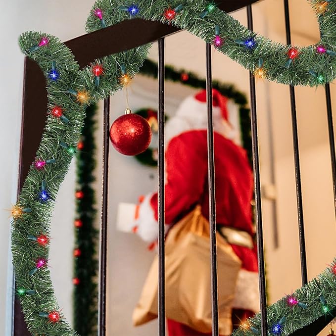 WATERGLIDE 49FT Lighted Christmas Green Garland with 100 Count Multicolor String Lights, Pre-lit Long Artificial Greenery Garlands, Plug in Holiday Decorative Lights for Indoor Outdoor Decor