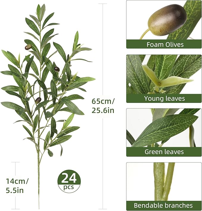 Fake Plants Olive Branch Artificial Plant 27.5in Outdoor Decorations for Living Room Olive Tree Branches Greenery Stems Can Be Used for Spring Home Decor Room Decor Office Decor(24PCS)