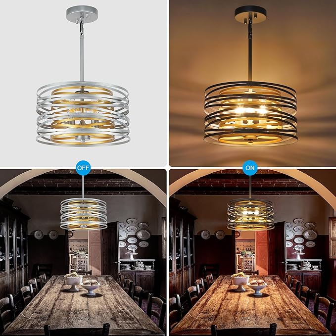 12.6'' Drum Pendant Light Fixture Hanging, Retro Semi Flush Mount Chandelier, Silver Chandeliers for Dining Room Bedroom Stairwell Breakfast Area, Silver with Gold Interior