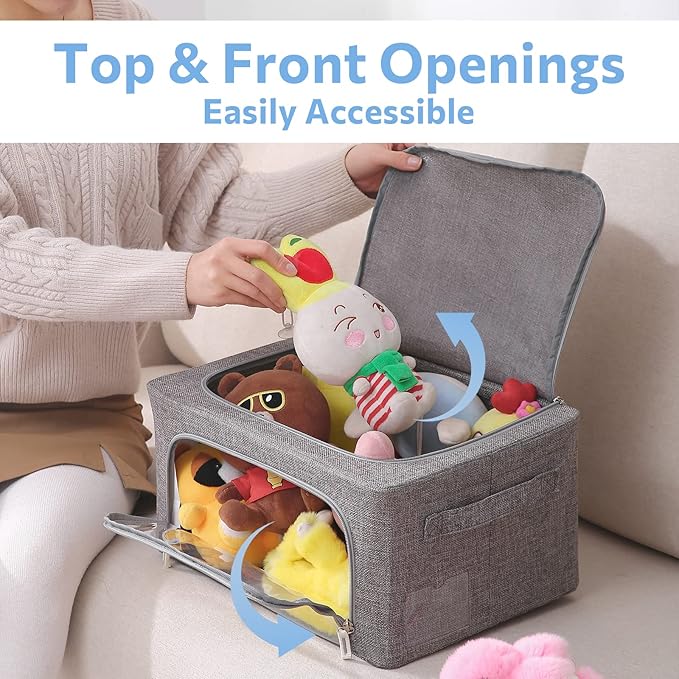 3Pack Foldable Storage Bins - Frame Storage Box Linen Fabric Stackable Clothes Container Organizer with Clear Window & Carry Handles Large Capacity (Small-22L, Dark Gray)