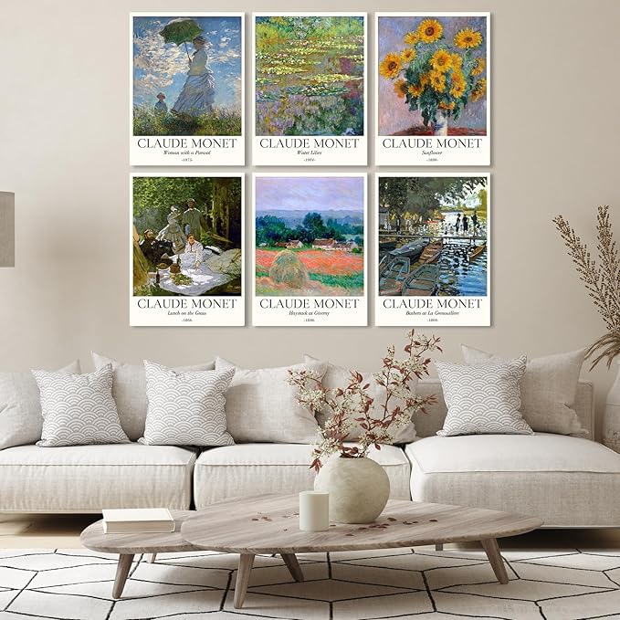 COSCTOR Set of 6 Claude Monet Wall Art Decor Canvas Vintage Famous Artist Retro Landscape Colorful Posters and Prints for Living Room Bathroom Bedroom Hallway Kitchen (Framed, 12x16)