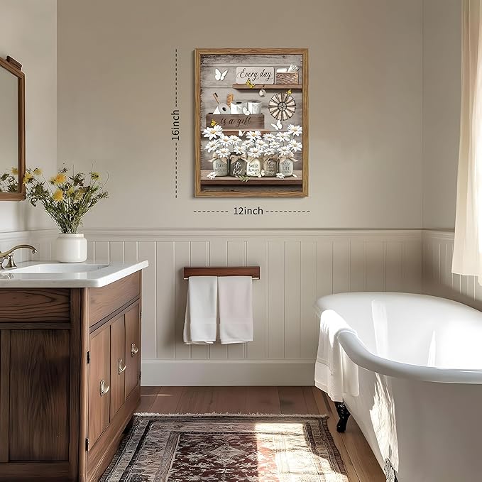 Wood Framed Farmhouse Bathroom Wall Art, Vintage Rustic Daisy Canvas Wall Decor Paintings, Flower Butterfly Inspirational Posters Prints Pictures Artwork for Bathroom Bedroom Living Room 12x16 Inch