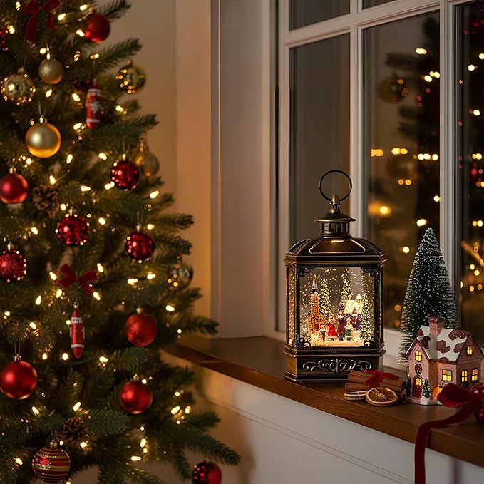 Christmas Snow Globe Lantern Water Glittering Town Home with Carolers, Music & Timer, USB Lined/Battery Operated Lighted Lantern for Christmas Festival Decoration Gifts