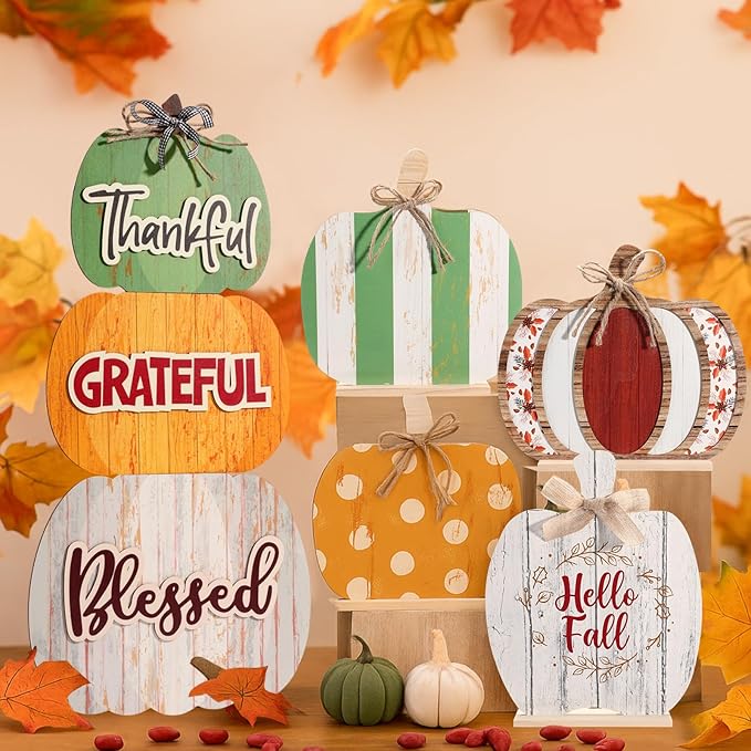 Bucherry 5 Set Fall Porch Decoration Pumpkin Wood Porch Standings Thankful Grateful Blessed Hello Fall Welcome Sign Decor with Base for Thanksgiving Festival Home Front Door Garden(Orange Style)