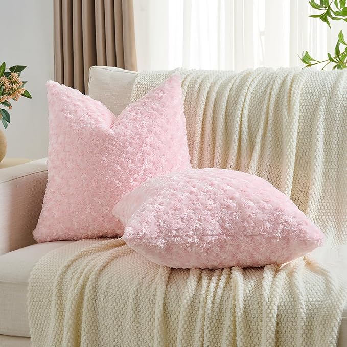 FUTEI Pink Decorative Throw Pillow Covers 24x24 Inch Set of 2,Soft Solid Rose Textured European Cushion Case,Modern Home Decor for Couch Sofa Bed Living Room