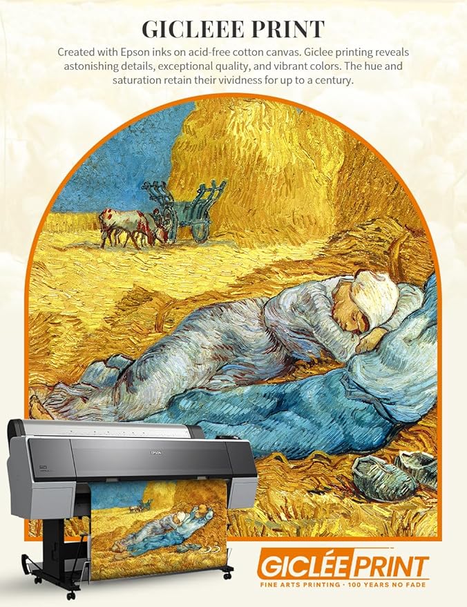 DECORARTS - Noon: Rest from Work by Vincent van Gogh, Museum-Quality Giclee Canvas Print with Silver Solid Wood Frame, 34.75 x 28.75 in, Ready to Hang, Made in USA