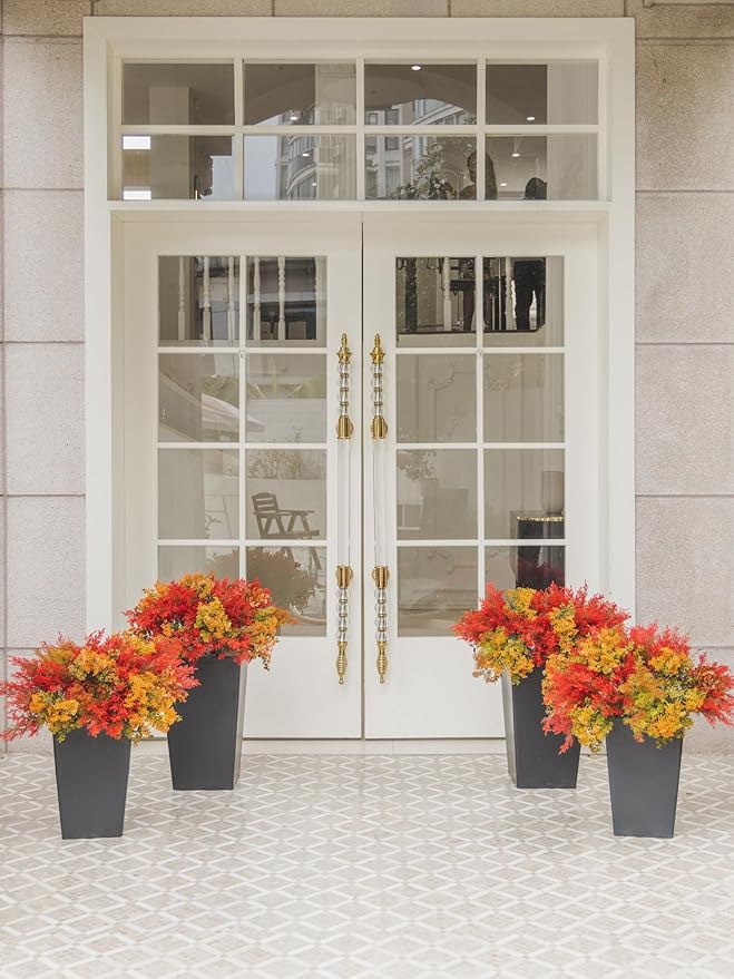 12Pcs Artificial Fall Flowers for Outdoor Decoration UV Resistant Fake Plastic Plants Faux Cedar Seaweed Eucalyptus for Autumn Full Indoor Garden Patio Fireplace Window Box Kitchen Home Decor