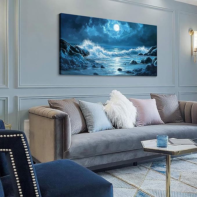 CHATYOUNG Blue Ocean Waves Landscape Wall Art, Beach Moon Sea Waves Night View Modern Canvas Wall Painting for Living Room Bedroom Office Bathroom Birthday Gift Home Decor 20x40 In