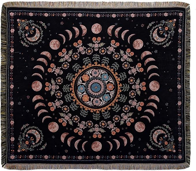 Boho Throw Blanket Reversible Cotton Bohemian Tapestry Hippie Room Decor Double Sided (Lunar Eclipse Black 50"x60")