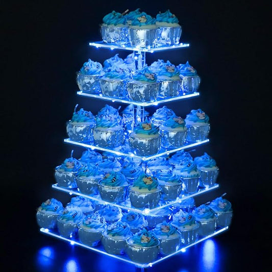 YestBuy 5 Tier Cupcake Stand Acrylic Cupcake Tower Display with LED Light Premium Cupcake Holder Dessert Tree Tower for Birthday Cady Bar Party Décor Weddings, Birthday Parties Events (Blue Light)