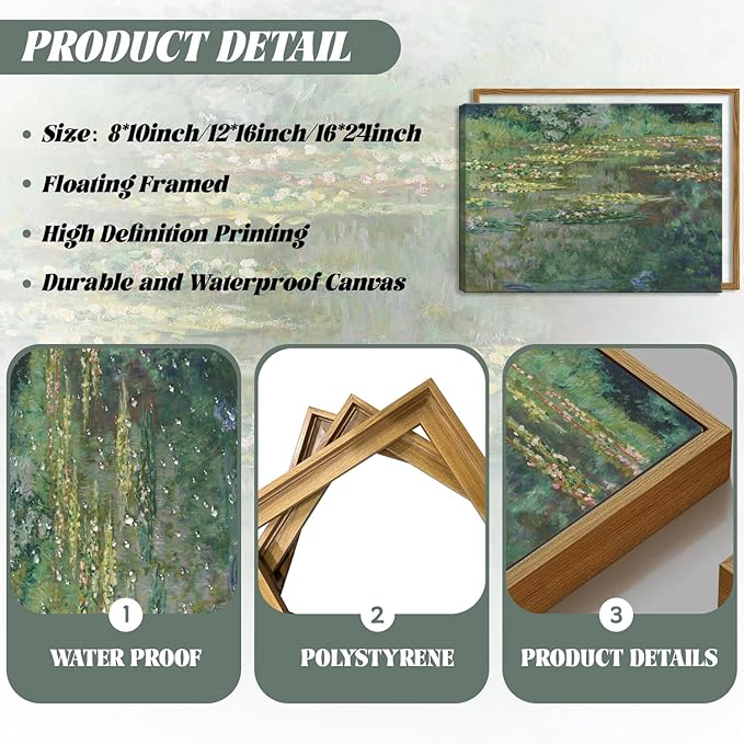 Framed Claude Monet Wall Art – Vintage Water Lilies Pond Painting Wall Decor, Impressionist Living Room Wall Art, Classic Aesthetic Canvas Prints for Bedroom Kitchen Bathroom – 10"x8"