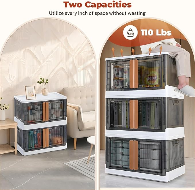 GCCSJ 33.6Qt Stackable Plastic Storage Boxes with Lids, Foldable Closet Organizers and Storage Containers with Wheels, Collapsible Storage Bins for Home Organization, 3 Pack Grey White