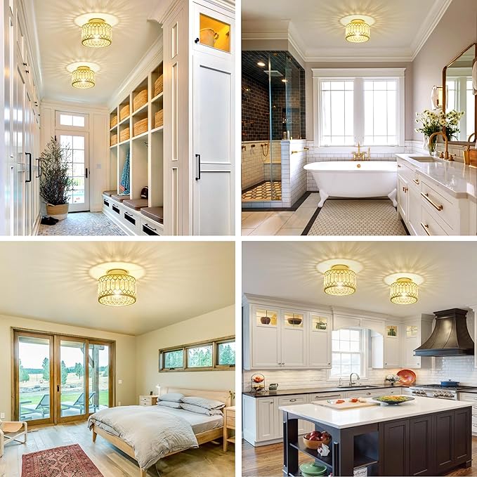 Crystal Ceiling Light, Modern Semi Flush Mount Ceiling Light, Gold Crystal Chandelier for Kitchen Bedroom Bathroom Entryway (Bulb not Included)