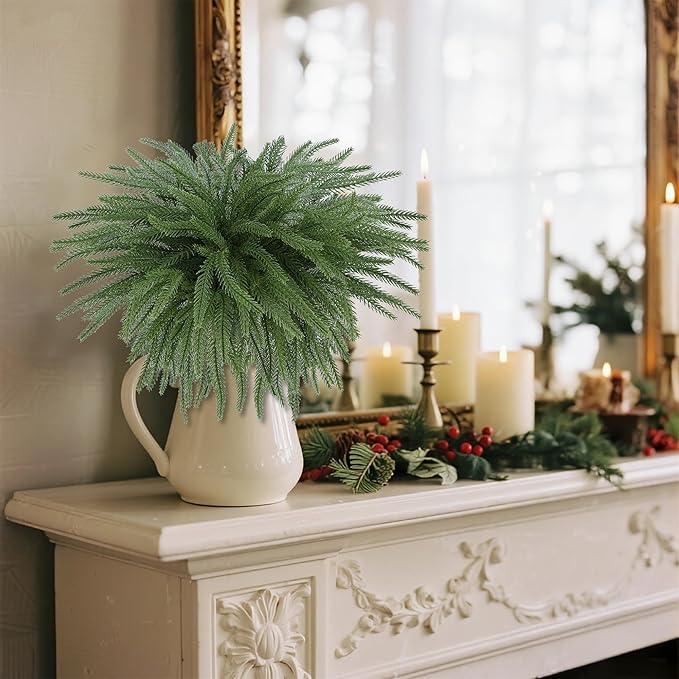 DR.DUDU Christmas Decorations Indoor - 8 Pack 18 in Norfolk Pine Stems, Real Touch Artificial Greenery for DIY Wreaths, Vase Filler & Holiday Decor, Faux Pine Branches for Table Centerpieces & Home