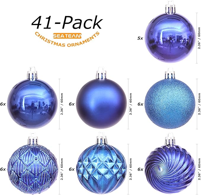 Sea Team 41 Pack Christmas Baubles with Ropes, 60mm Medium Christmas Balls, Shatterproof Plastic Christmas Bulbs, Hanging Decorations for Christmas Tree, Holiday, Wedding, Party, Blue