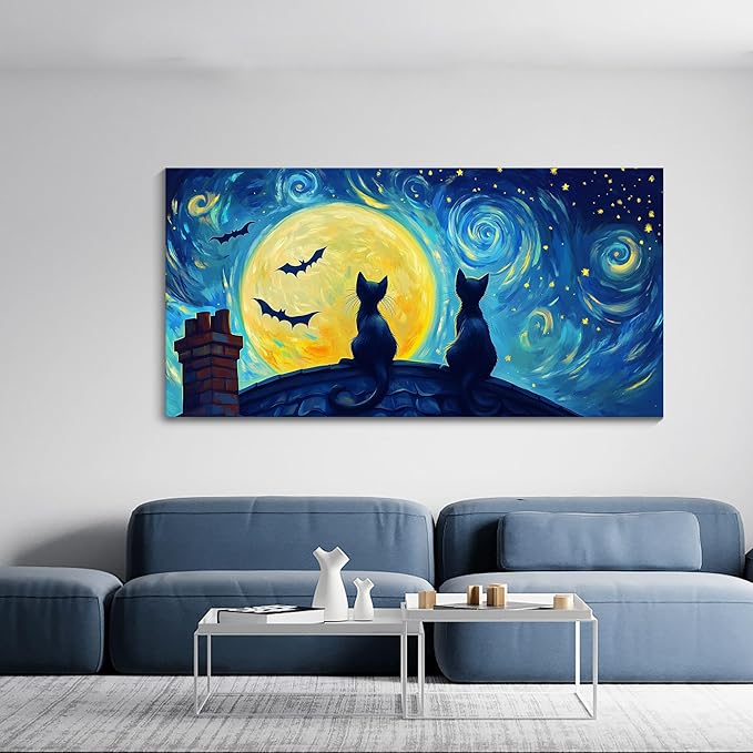 CHATYOUNG Large Living Room Wall Art, Abstract Starry Night Cat Animal Canvas Prints Dark Blue Wall Pictures Ready to Hang Bedroom Kitchen Hallway Home Office Artwork Painting Decor 29x58 IN