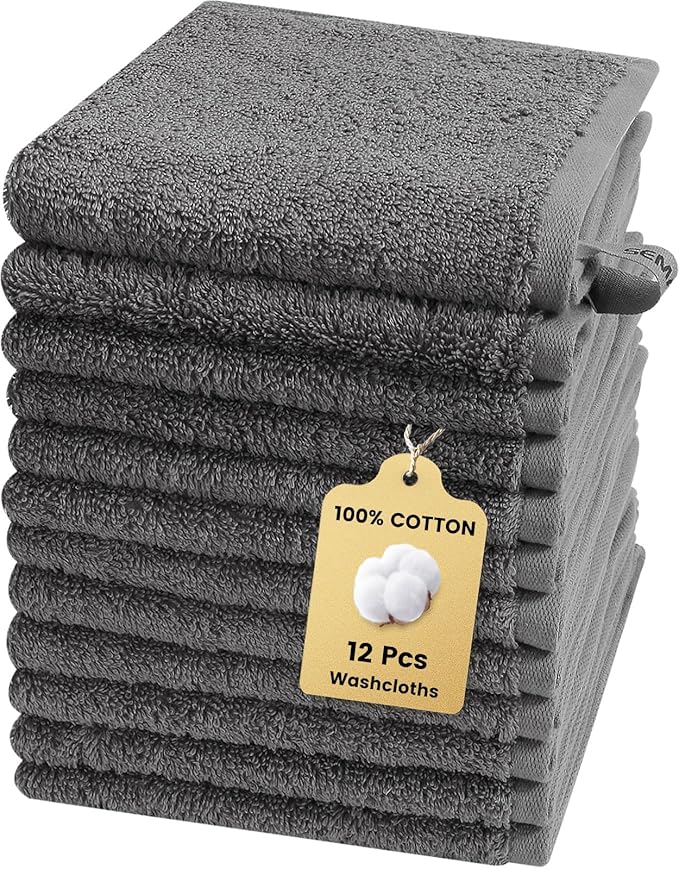 SEMAXE 100% Cotton Washcloths 12-Pack, 13 × 13 Inch Soft Luxury Face Towels – Super Absorbent & Quick-Dry, Premium Cloth with Hanging Loop, Oeko-TEX Certified, Gift-Ready Box
