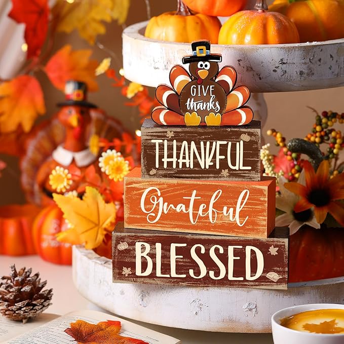 4 Pcs Fall Thanksgiving Decor for Home Funny Turkey Wooden Signs with Hat Thanksgiving Fall Tiered Tray Decor Turkey Tabletop Centerpiece Thankful Block Signs for Office Kitchen Shelf