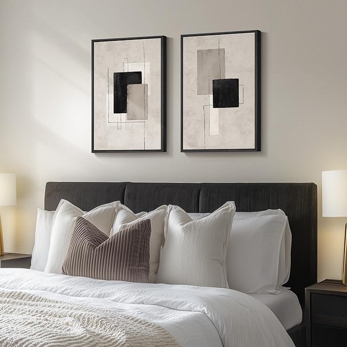Framed Neutral Abstract Wall Art Set of 2, Black Beige Modern Canvas Prints Paintings Artwork for Walls, Minimalist Block Lines Pictures for Living Room, Dining Room, Bedroom Wall Decor 16x24 In