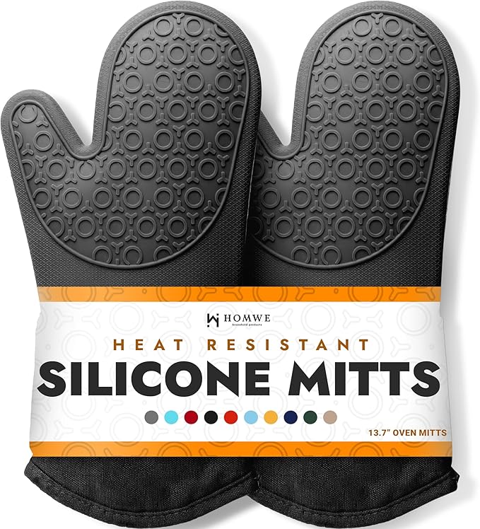 BPA-Free Silicone Oven Mitts Ultra Heat Resistant up to 500°F - Oven Mitts with Thick Cotton Liner - Long Slip Resistant Pot Holders, Flexible Oven Gloves - Black 13.7"