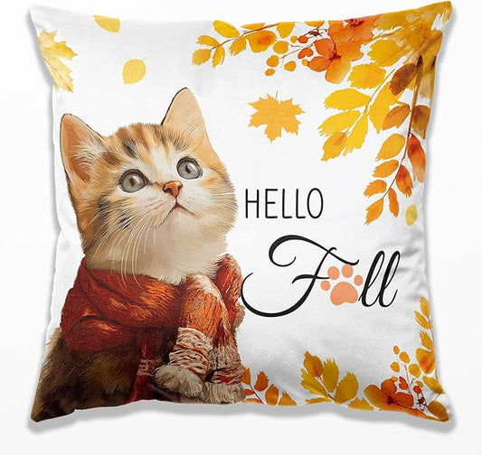 Fall Cat Pillow Covers 18x18, Cat Home Room Decor, Fall Autumn Maple Leaves Cute Kitty Kitten Decorative Throw Pillow Covers for Home Bedroom Living Room