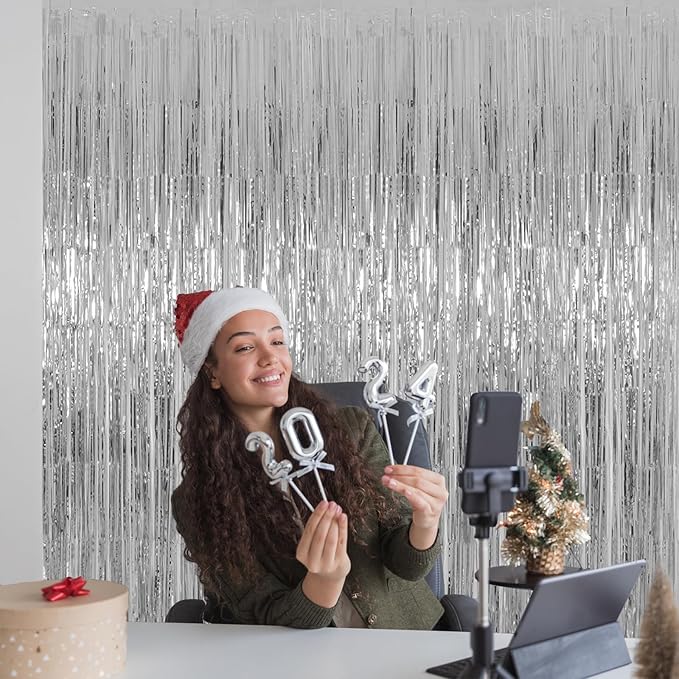 Silver Backdrop Curtains for Parties, Melsan 3.2 x 8 ft Foil Fringe Curtains Backdrop for Birthday,Engagement,New Year Eve, Disco Party Backdrop Decorations, Pack of 2
