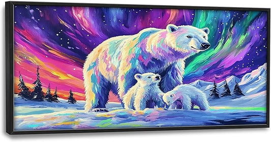 Polar Bear Large Wall Art for Living Room Framed, White Bear Wall Decor Pictures, Aurora Canvas Print Painting, Aesthetic Artwork Bedroom Office Home Decor 60"x30"
