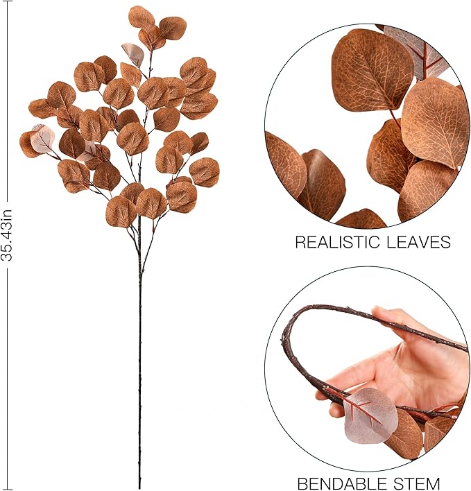 Sggvecsy 6 Pcs Fall Artificial Eucalyptus Stems Long Silver Dollar Leaves Fake Silk Eucalyptus Leaf Branches for Indoor Home Autumn Festival Thanksgiving Decor(Dark Brown)