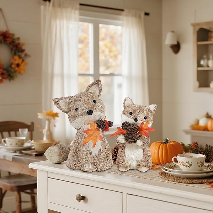 winemana Fall Decor Thanksgiving Decoration Sisal Fox, Set of 2 Table Centerpiece Foxes Animals Figurines, Handmade Ornaments Autumn Fall Decorations for Home Mantel Fireplace