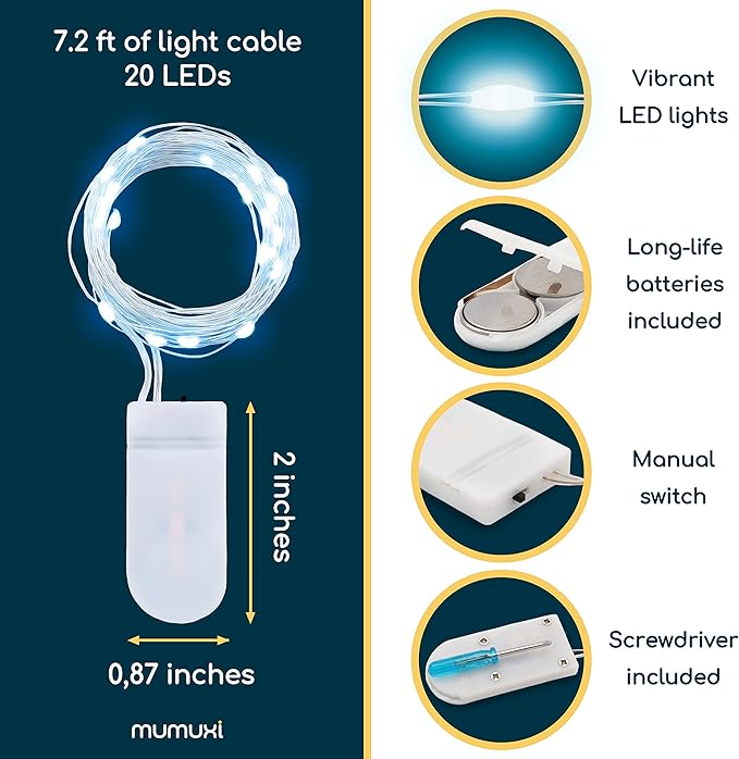 MUMUXI 24 Pack 7.2ft LED Fairy Lights Battery Operated, 20 Mini Battery Powered String Lights for Centerpiece Table Decorations, Wedding Party Bedroom Mason Jar Christmas, Cool White