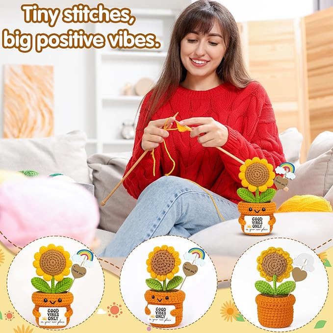 Crochet Sunflower Housewarming Gift – Good Vibes Only in Your New Place – Positive Affirmation Plush for Friend, Coworker, Roommate, New Home or Office Decor