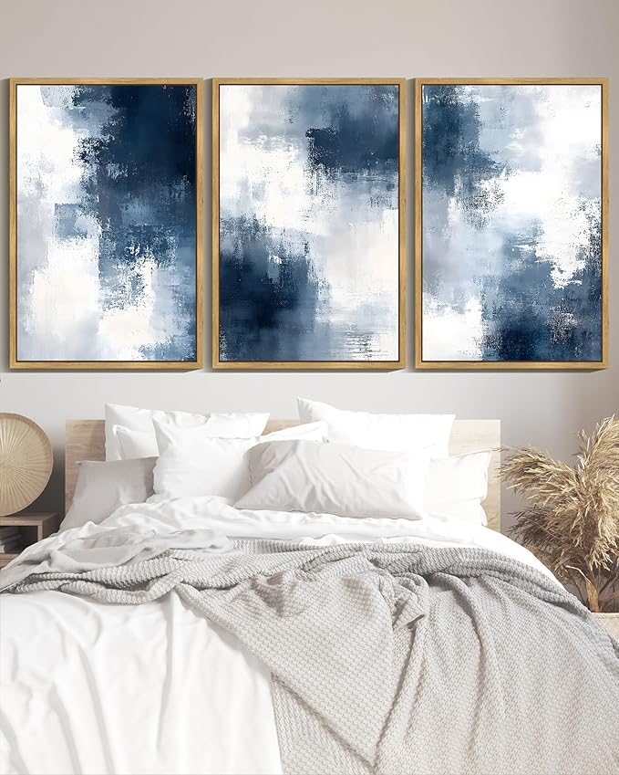 KUVIOKE Navy Blue Abstract Wall Art Framed Neutral Brush Strokes Block Shape Mid Century Art Prints Minimalist Modern Illustrations Bedroom Hallway 24x36in (Natural Framed)