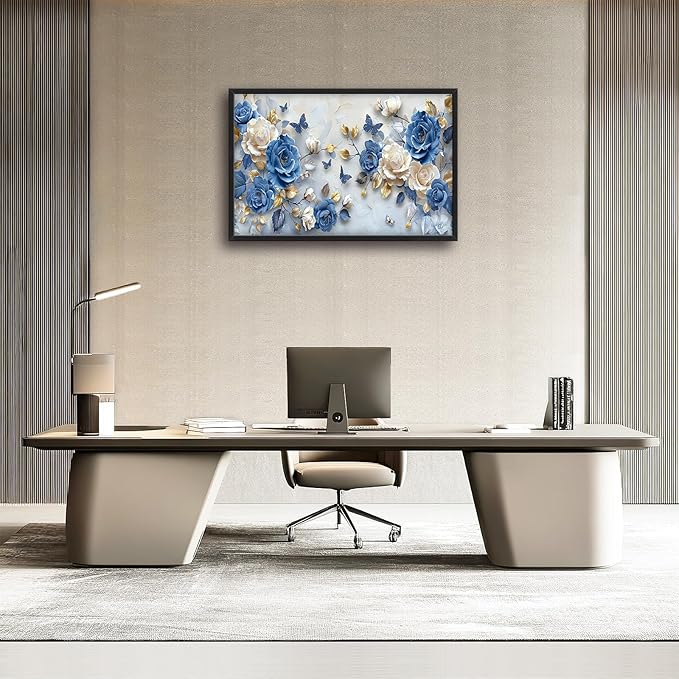 Framed Large Wall Art for Living Room, Blue and White Florals Canvas Wall Decor, Flowers Pictures Painting, Modern Artwork for Living Room Bedroom Office 36L'' × 24W''