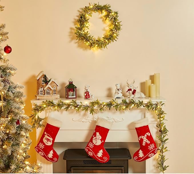 Brightown Pre-lit Christmas Garland with Lights, Battery Operated, 6Ft 20 LED Lighted Olive Greenery Garland Decorated with Snowflakes, Indoor Outdoor Christmas Lights for Mantle Stairs Wall, 2 Pack