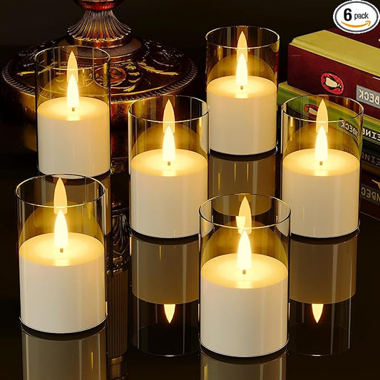 6Pack Flickering Flameless LED Candles with Timer, Battery Powered - Small Pillar & Votive, Clear (2"X3")