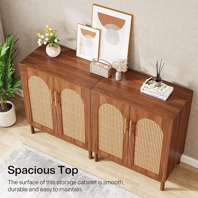 Tribesigns Set of 2 Rattan Sideboard Buffet with Storage, 59 Inch Accent Cabinet with Doors, Storage Cabinet for Dining Room, Living Room, Kitchen, Caramel Brown