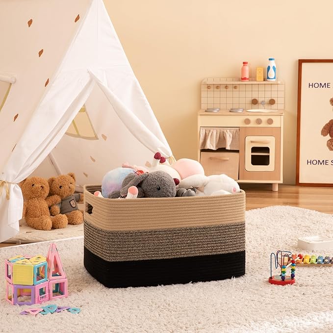 OIAHOMY 108L Large Cotton Rope Basket, Rectangle Woven Baskets for Storage, Nursery Blanket Storage Living Room, Toy Basket With Handle-25”x16”x16”-Yellow Black