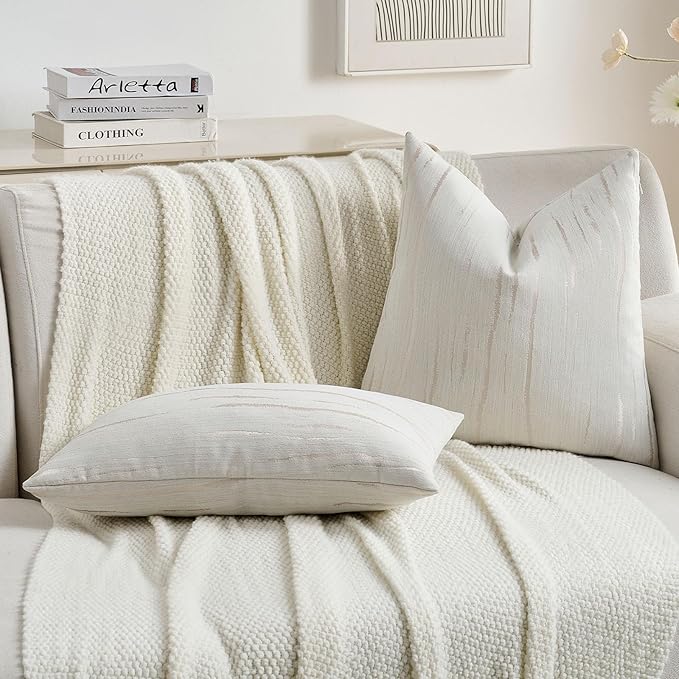 FUTEI Cream Chenille Decorative Throw Pillow Covers 24x24 Inch Set of 2,Soft Embossed Striped Textured European Cushion Case,Modern Home Decor for Couch Bed Living Room