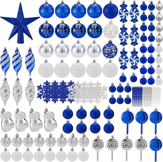 130 Pcs Christmas Ball Ornaments, Christmas Tree Decoration Set Red Christmas Ball Shatterproof Hanging Ornament Decorations for Christmas Tree, Wreaths, and Outdoor Displays(Blue)