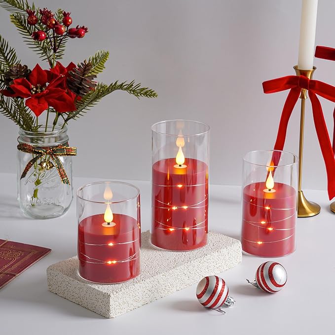 Da by Flickering Flameless Candles with Remote,Acrylic LED Candles with Embedded Star String,Battery Operated Candle, for Home and Holiday Decoration Set of 3（Red）