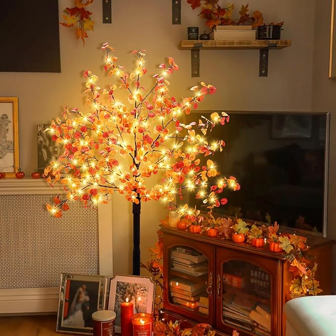 Agusbagli 4FT 140LED Lighted Fall Eucalyptus Tree Thanksgiving Fall Decorations with Timer & 8 Modes Artificial Fall Trees with Lights & 336 Leaves Fall Light Up Tree Harvest Indoor Outdoor Fall Decor