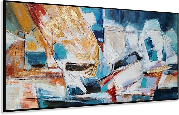 Yihui Arts Abstract Canvas Wall Arts Hand Painted Oil Paintings with Gold Foil and Floating Frame